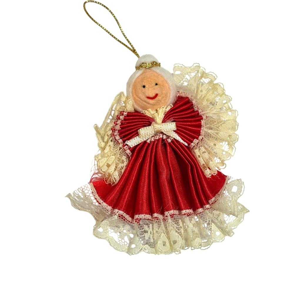 Vintage Russ Lace Angel Ornament Red Accordion Fan